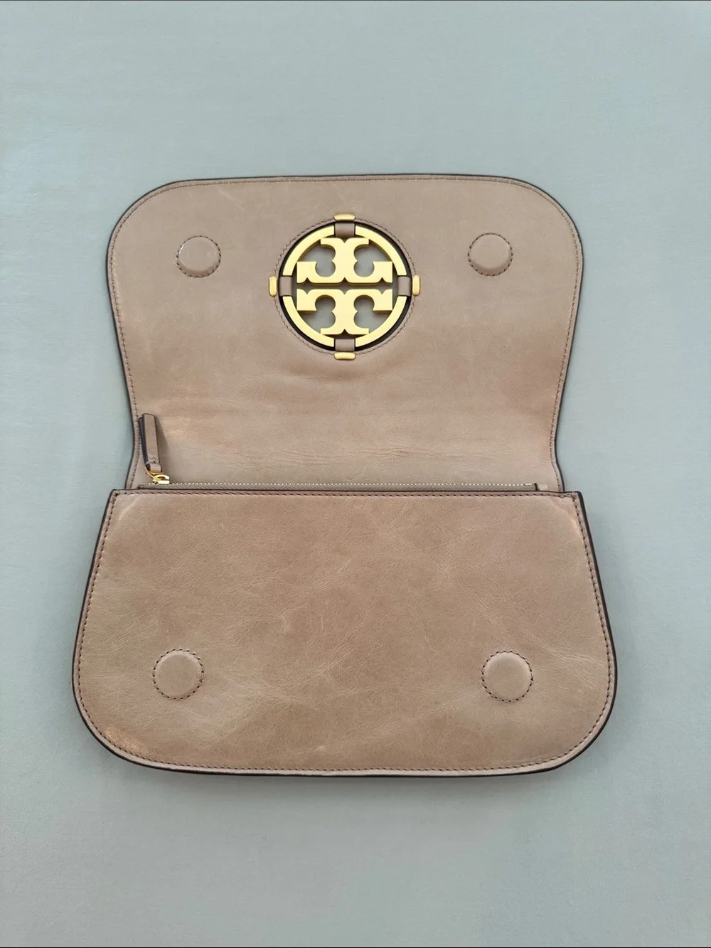 Tory Burch Taupe Miller Leather Bag with Gold Logo